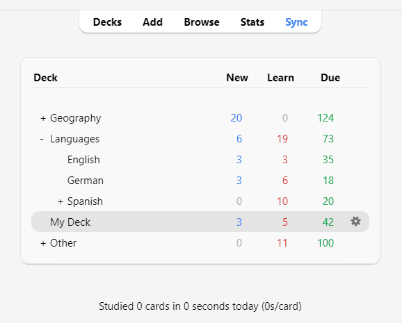 Shows the anki application in use. The anki decks screen is show demonstrating the SRS interface.