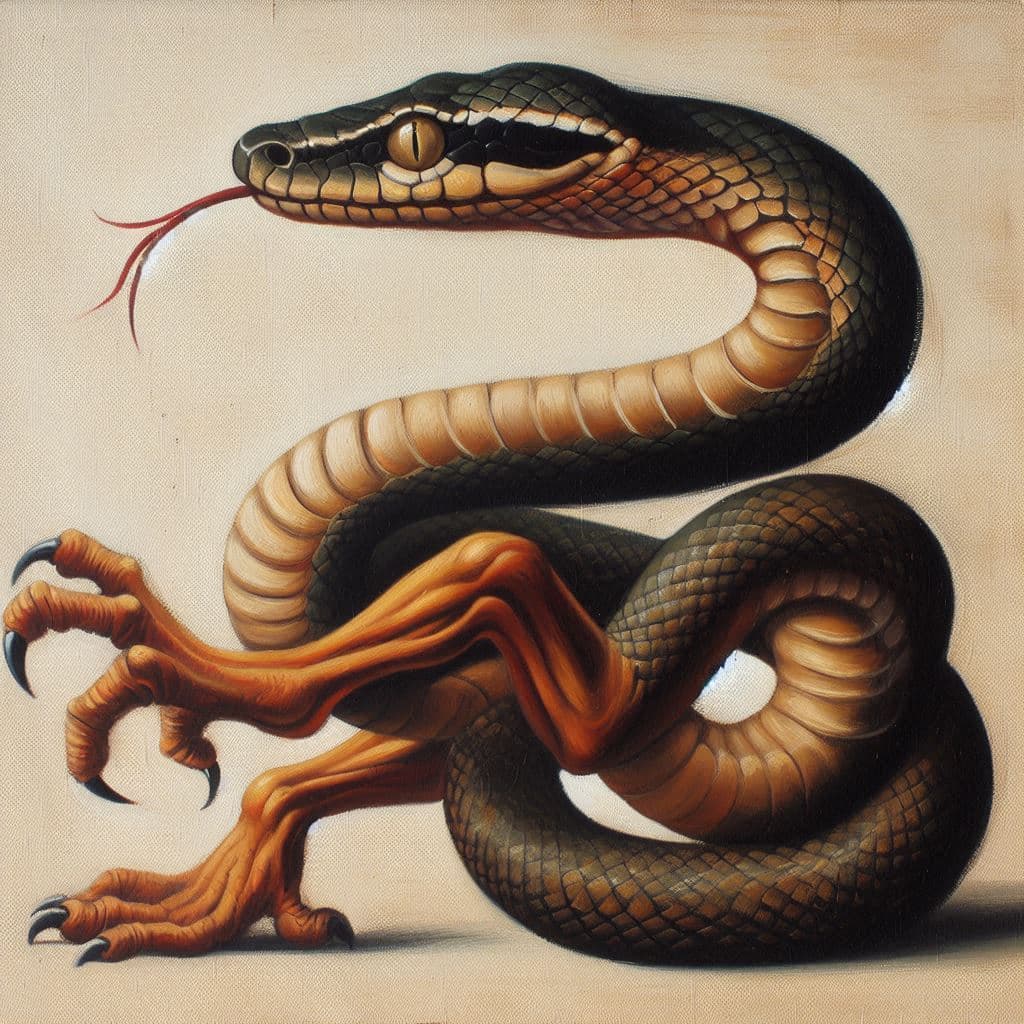 A beautiful painting of a curled snake. The painter has also drawn legs onto the snake which are painted well but look out of place and strange.