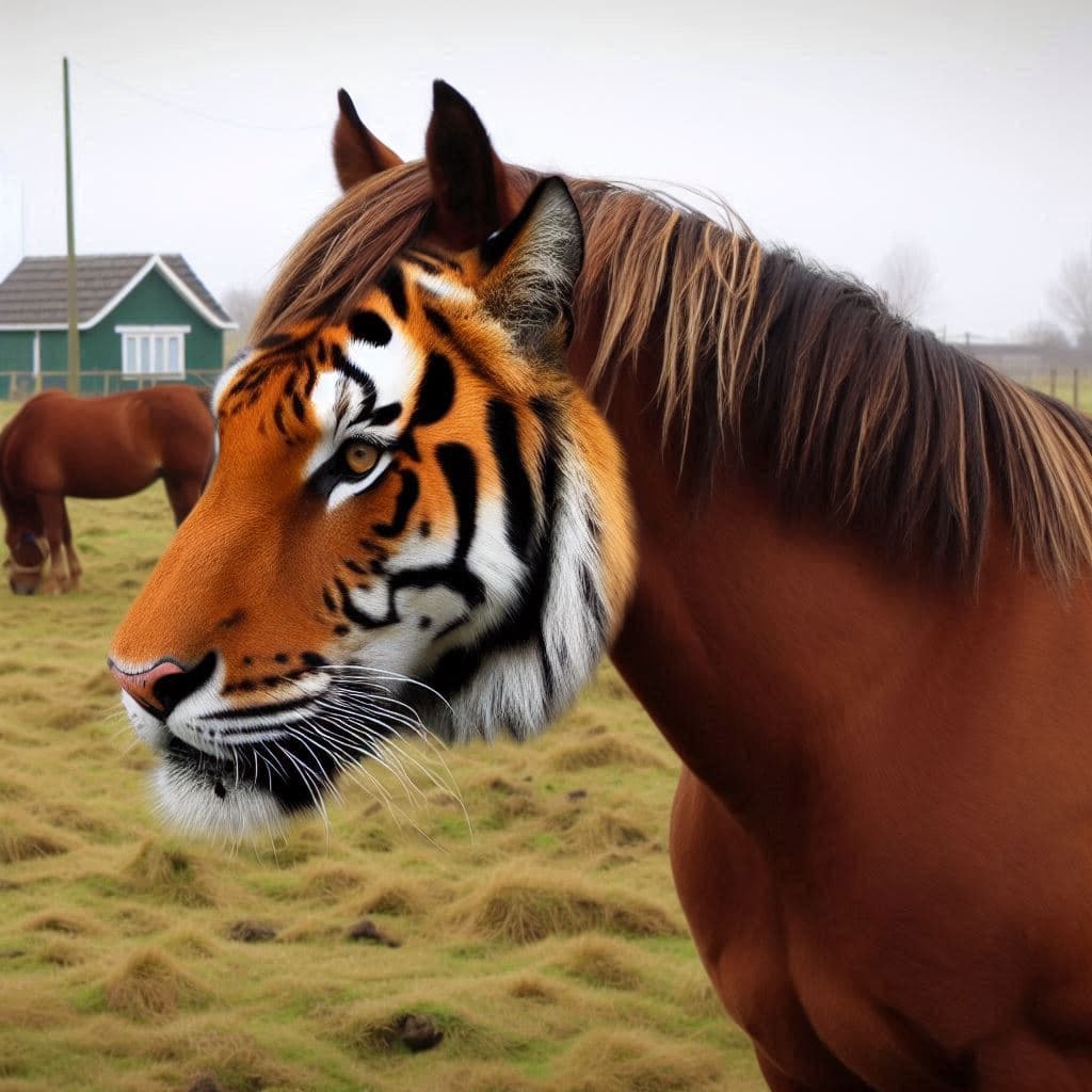 An illustration of a brown horse in a empty fied. Everything is normal about the horse and the background except the horse has a tiger's head.