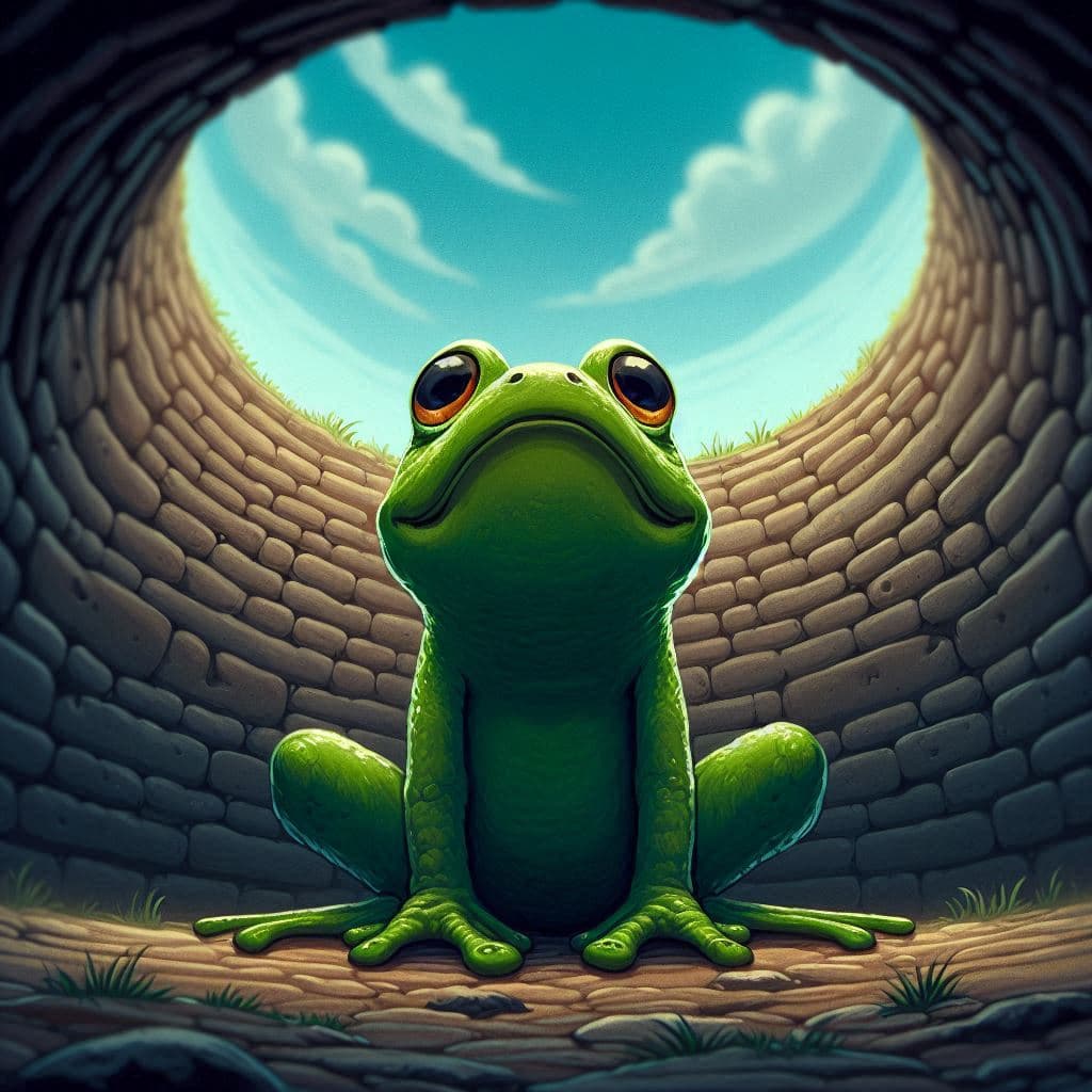 A frog sits at the bottom of a deep well looking up at the sky. The frog can only see a small part of the vast sky.